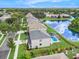 Scenic aerial view showcases the community's serene lake and the home's proximity to a refreshing backyard pool at 5804 Butterfield St, Riverview, FL 33578