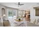 Open-concept living room with a view of the pool, open kitchen, and sliding glass doors at 5804 Butterfield St, Riverview, FL 33578