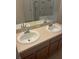 Bathroom featuring double sink vanity with chrome faucets and a shower with glass door at 7504 Turtle View Dr, Ruskin, FL 33573