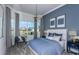 Cozy bedroom with a blue accent wall, plush carpeting, and large windows offering abundant natural light at 11443 Shoreline Trl, Parrish, FL 34219