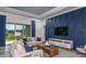 Cozy living area featuring a stylish accent wall, comfortable seating, and a sliding glass door to the patio at 11443 Shoreline Trl, Parrish, FL 34219