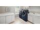 Laundry room featuring modern blue washer and dryer, white cabinets, and a utility sink at 19107 Avenue Bayonnes, Lutz, FL 33558