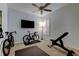 Workout room with a ceiling fan, mounted television, bicycle, exercise bench, and free weights at 2220 Elizabeth Way, Dunedin, FL 34698