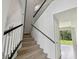 Carpeted staircase with white railings and black accents leading to the upper level at 27012 Sea Breeze Way, Wesley Chapel, FL 33544