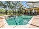 Screened pool has travertine coping with a waterfall feature and a fully screened enclosure surrounded by mature trees at 2769 St Andrews Blvd, Tarpon Springs, FL 34688