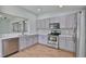 Modern kitchen featuring stainless steel appliances, white countertops, and gray cabinets at 344 Star Shell Dr, Apollo Beach, FL 33572