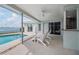 Relaxing covered patio with outdoor seating, water views, and an inviting pool at 7092 S Shore S Dr, St Petersburg, FL 33707