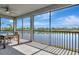 Relax on the screened patio with stunning lake views and a dining set, ideal for outdoor living at 915 Tidewater Shores Loop, Bradenton, FL 34208