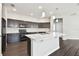 Contemporary kitchen featuring dark cabinets, stainless appliances, and a large island with sleek countertops at 10628 Massimo Dr, Wimauma, FL 33598