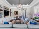 Inviting living room with hardwood floors, built-in shelving, stylish chandelier, and comfortable seating at 1104 Isobel Reserve Ln, Tampa, FL 33613