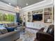 Cozy living room with beautiful rug, built-in shelves, and comfortable seating offers great natural light at 1104 Isobel Reserve Ln, Tampa, FL 33613