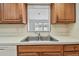 A stainless steel kitchen sink with wooden cabinets and a view to an adjacent living room at 11762 82Nd Ter, Seminole, FL 33772