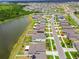 An aerial view showcasing the neighborhood, pond, community landscaping, and well-maintained streets at 13529 Wild Ginger St, Riverview, FL 33579