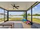 A covered patio with furniture and a view of the backyard, lake and playground at 13529 Wild Ginger St, Riverview, FL 33579
