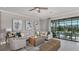 Inviting living room with neutral tones, modern furniture, and sliding glass doors to the pool area at 33284 Castaway Loop, Wesley Chapel, FL 33543
