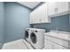 Well-equipped laundry room with modern washer, dryer, and white cabinets at 3611 W Royal Palm Cir, Tampa, FL 33629