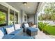 Inviting covered patio featuring stylish blue outdoor seating, ceiling fan, and elegant string lights at 3611 W Royal Palm Cir, Tampa, FL 33629