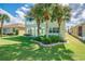 Lush backyard features a manicured lawn, trimmed hedges, and mature palm trees creating a private oasis at 445 Noble Faire Dr, Sun City Center, FL 33573