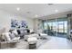 Spacious living area with sleek furniture, decorative accents, and sliding glass doors to the lanai at 7625 Highgrove Ave, Bradenton, FL 34210