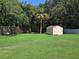 Large backyard with a storage shed, bordered by wood and vinyl fencing, and mature trees at 827 Creekside Ln, Palm Harbor, FL 34684