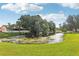Serene backyard featuring a pond, lush greenery, and neighborhood views, creating a peaceful and inviting outdoor space at 11849 Cedarfield Dr, Riverview, FL 33579