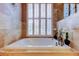 Bathroom features a soaking tub under a window with plantation shutters and a modern chandelier at 15302 Lake Maurine Dr, Odessa, FL 33556