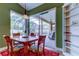 Cozy dining area with a wooden table, decorative chairs, and view of the screened lanai at 15302 Lake Maurine Dr, Odessa, FL 33556