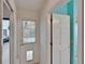 Hallway with a dog door and a view into an adjacent room with carpet and lighting at 2413 Buckhorn Run Dr, Valrico, FL 33596
