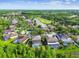 Expansive aerial view showcasing homes with private pools and lush community golf course at 4227 Sandy Shores Dr, Lutz, FL 33558