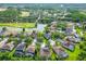 An aerial view of the homes and community surrounding a body of water at 4227 Sandy Shores Dr, Lutz, FL 33558