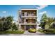 Contemporary three-story home featuring a stone accent wall, balconies, and a two-car garage with a yellow sports car at 4322 26Th S Ave, Gulfport, FL 33711
