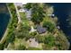 Overhead view of the property showcasing the house, surrounding trees, and access to the serene waterfront at 6501 Barcellona Rd, Land O Lakes, FL 34637