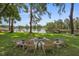 Inviting backyard fire pit area with seating and scenic lake views, creating a perfect outdoor gathering spot at 6501 Barcellona Rd, Land O Lakes, FL 34637