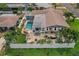 Aerial view of a backyard featuring an outdoor dining area, an in-ground pool, and well-maintained privacy fence at 7851 120Th St, Seminole, FL 33772