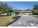 Inviting single-story home featuring a long driveway, lush lawn, and tasteful landscaping with a unique dark green exterior at 8517 Woodwick Ct, Tampa, FL 33615