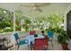 Charming covered patio features a ceiling fan and ample seating with lush greenery views at 9018 39Th N Ln # 5, Pinellas Park, FL 33782