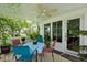 Relaxing covered patio with ceiling fan, outdoor dining set, and access to the home at 9018 39Th N Ln # 5, Pinellas Park, FL 33782