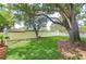 Lush backyard with mature trees and manicured lawn with a white picket fence in the distance at 124 Barrington Dr, Brandon, FL 33511