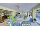 A relaxing outdoor oasis, with comfy seating, ceiling fans and views of the pool beyond glass doors at 124 Barrington Dr, Brandon, FL 33511