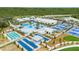 An aerial view showcases a community with a pool, tennis courts, and shuffleboard at 16983 Falling Waters Ct, Land O Lakes, FL 34638