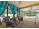 Lanai with turquoise curtains, rocking chairs and view of pool in backyard at 2436 Covington Ave, Spring Hill, FL 34608