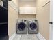 Functional laundry room with modern washer and dryer, ample storage, and neutral tones at 2712 Clubhouse Dr, Plant City, FL 33566