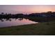 Scenic sunset view from the backyard overlooking a tranquil pond and lush green lawn at 8009 Trimbelle Ter, Parrish, FL 34219