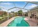 A clear shot of the blue swimming pool surrounded by plants in the screened-in lanai of this lovely home at 815 Sandy Trail Pl, Brandon, FL 33511