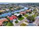Aerial view of waterfront homes with docks along a tranquil canal leading to a large body of water at 1960 Montana Ne Ave, St Petersburg, FL 33703