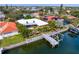 Aerial view of waterfront home with pool, dock and boat lift nestled among beautiful landscaping at 1960 Montana Ne Ave, St Petersburg, FL 33703