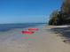 Scenic beach with two kayaks, offering a tranquil waterfront view and outdoor recreational opportunities at 230 Portree Dr, Dunedin, FL 34698