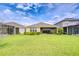 Beautiful backyard featuring a well-maintained lawn, lush greenery, and a covered patio area at 33518 Castaway Loop, Wesley Chapel, FL 33543