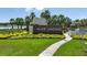 Welcome to River Landing: A community entrance sign with lush landscaping at 33518 Castaway Loop, Wesley Chapel, FL 33543