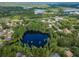 A serene aerial view of a lake surrounded by lush trees and the neighborhood beyond at 3428 Valley Ranch Dr, Lutz, FL 33548